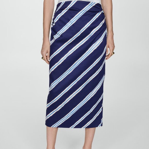 Mango Blue & White Slit Striped Skirt/NWT/12 - Picture 1 of 16